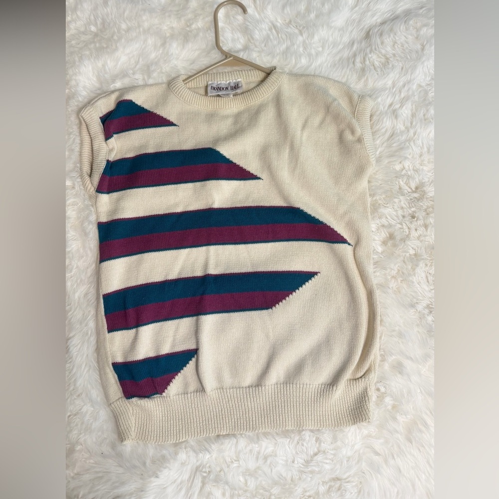 Elegant Cream and Burgundy Striped Crewneck Sweater